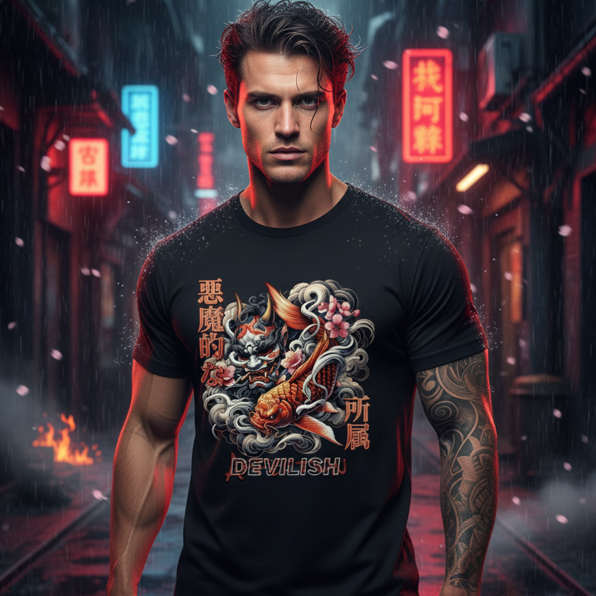 Devilish T-Shirt mit Koi-Drachen Motiv auf schwarzem Shirt, getragen von Model vor asiatischem Straßenhintergrund.