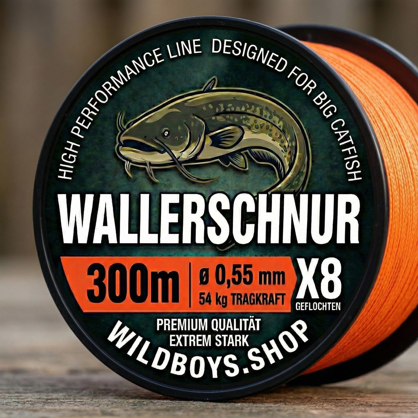 Wild Boys High Performance Wallerschnur | 0.55mm | 54kg | X8 Geflecht – High-Vis Orange 300/500/1000 Meter