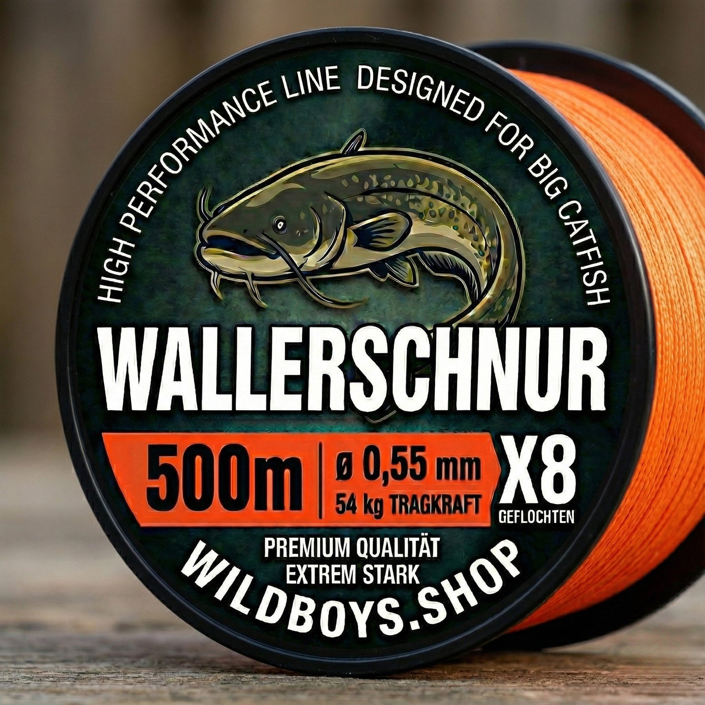 Wild Boys High Performance Wallerschnur | 0.55mm | 54kg | X8 Geflecht – High-Vis Orange 300/500/1000 Meter