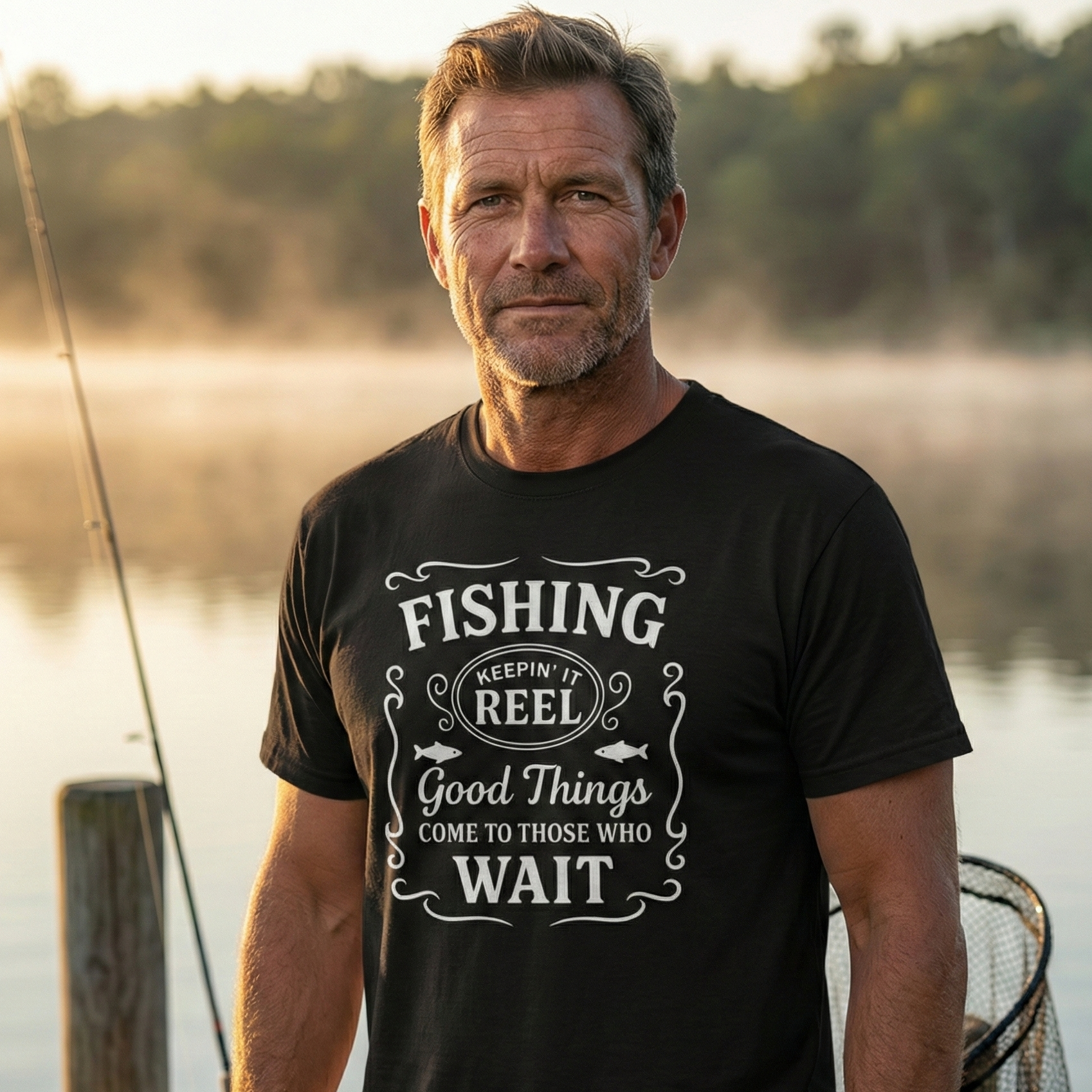 Männlicher Angler am Steg mit schwarzem „Fishing – Keepin’ it Reel“ T-Shirt, Natur-Hintergrund im Morgenlicht – Produktfoto für Wild Boys Fishing