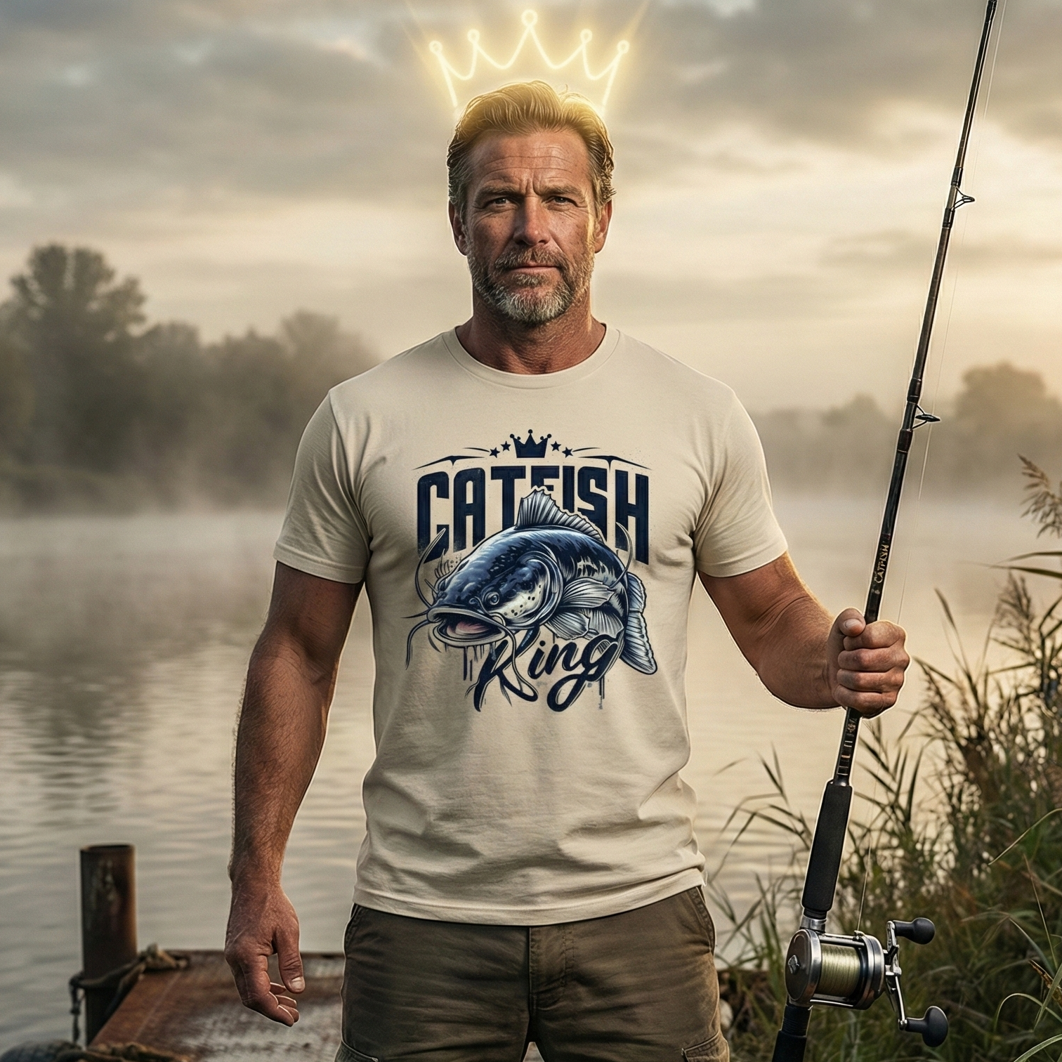 Catfish King Welsangler T-Shirt – großes Welsmotiv, Outdoor Fishing Design, Statement Shirt für Raubfischangler am Fluss
