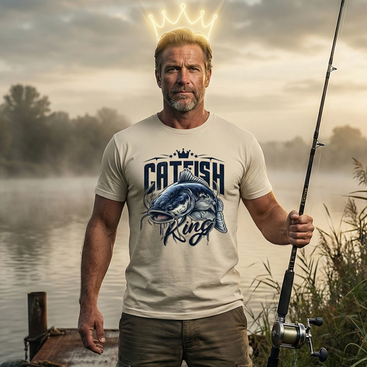 Catfish King Welsangler T-Shirt – großes Welsmotiv, Outdoor Fishing Design, Statement Shirt für Raubfischangler am Fluss