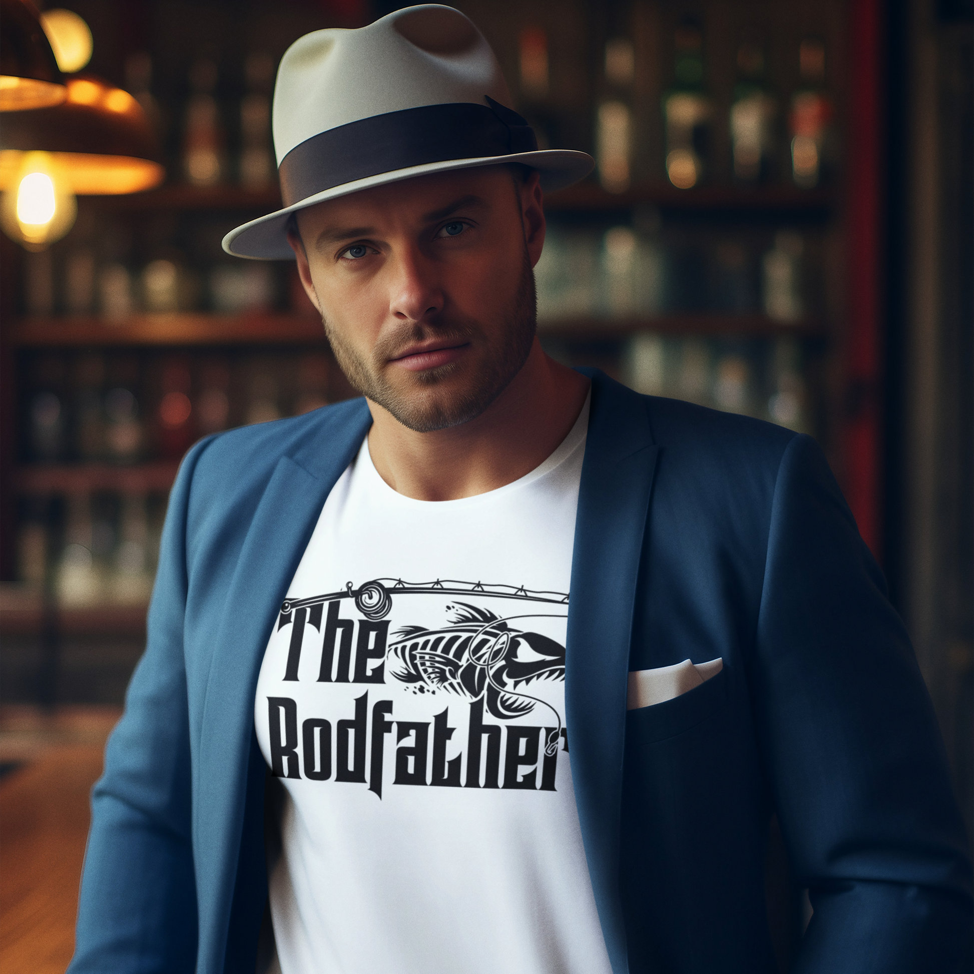 Mann im Blazer und Hut trägt „The Rodfather“ Fishing T-Shirt – elegantes Angler Motiv im stilvollen Mockup